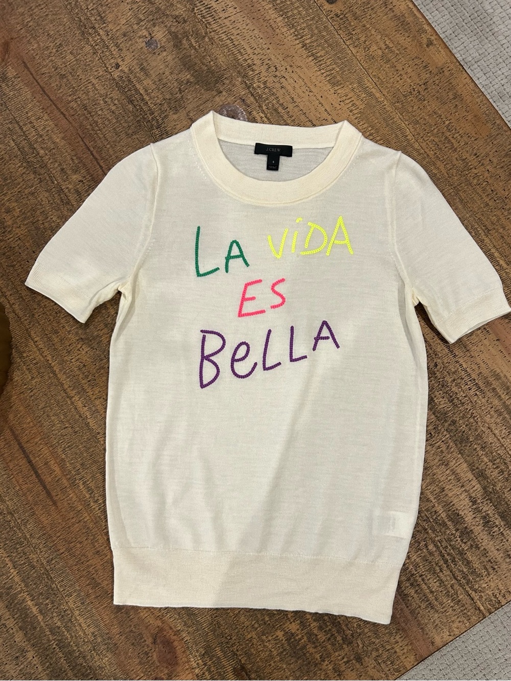 J.CREW 100% Merino Wool "La Vida Es Bella" Short Sleeve Sweater Size S